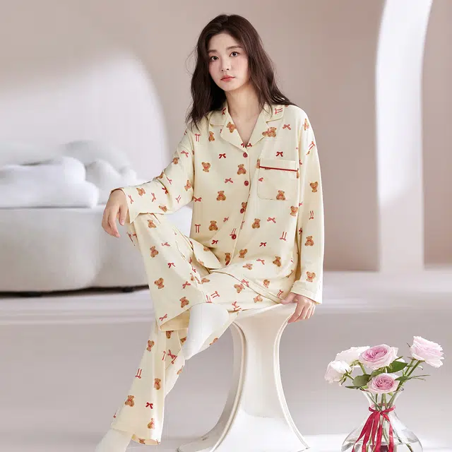 芬腾可安 春秋纯棉优雅气质简约时尚亲肤设计感柔软开衫家居服睡衣套装 女款