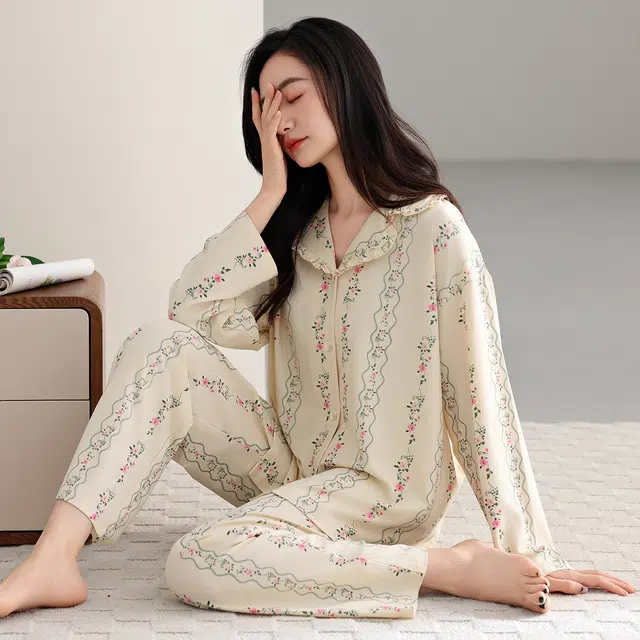芬腾可安 春秋设计感柔软亲肤翻领开衫简约纯棉优雅时尚家居服睡衣套装 女款
