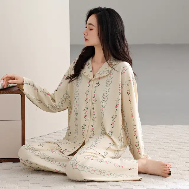 芬腾可安 春秋设计感柔软亲肤翻领开衫简约纯棉优雅时尚家居服睡衣套装 女款
