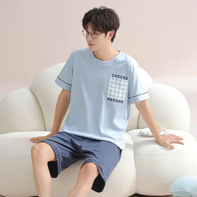 芬腾可安 可外穿的纯棉时尚气质舒适情侣款休闲遮肉显瘦柔软舒适大学生宿舍可穿短袖短裤家居服睡衣套装 男款