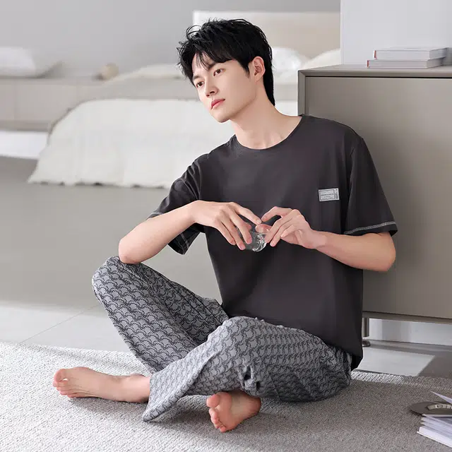 芬腾可安 透气舒适休闲简约短袖柔软亲肤细腻长裤家居服睡衣套装 男款 灰色