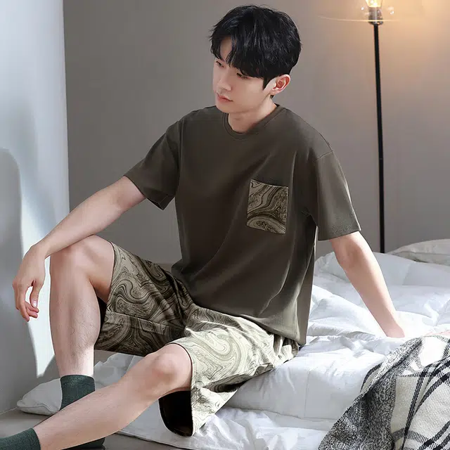 芬腾可安 薄款可外穿透气时尚简约舒适轻盈细腻家居服睡衣套装 男款 橄榄色