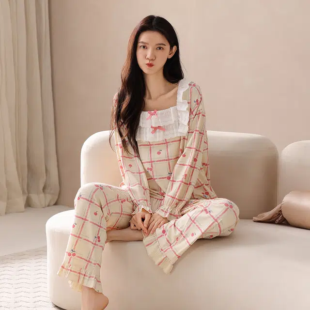 芬腾可安 春秋柔软设计感慵懒宽松百搭显瘦少女感亲肤家居服睡衣套装 女款