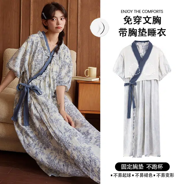 芬腾可安 外出可穿的日式休闲时尚短袖带胸垫一体式简约舒适优雅柔软亲肤透气遮肉细腻少女气质大学生家居睡裙 女款