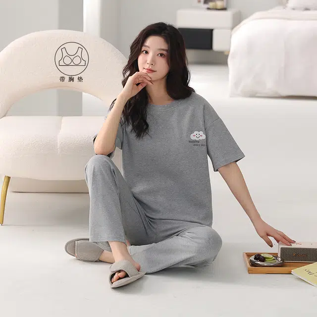 芬腾可安 韩版时尚休闲亲肤简约带胸垫短袖长裤家居服可外穿睡衣套装 女款 灰色