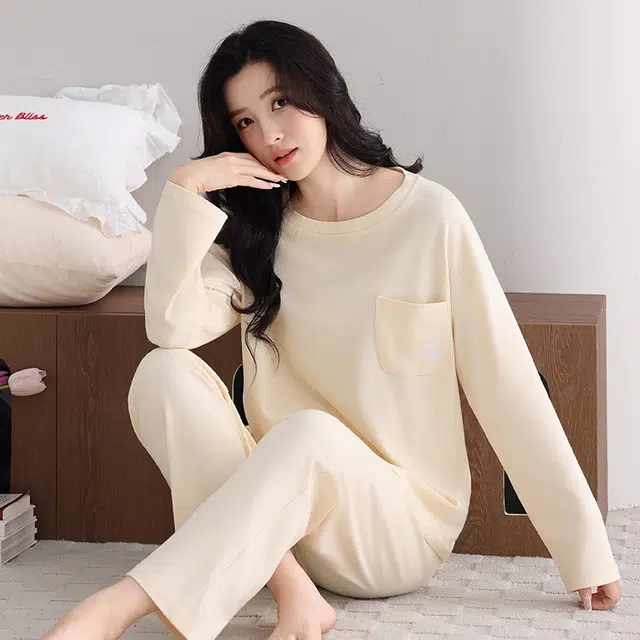 芬腾可安 春秋纯棉宽松显瘦简约透气遮肉外出可穿家居服睡衣套装 女款