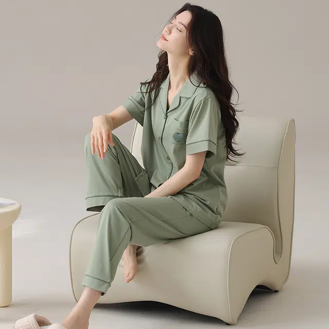 芬腾可安 韩版纯棉轻熟风简约休闲气质细腻亲肤优雅柔软高级感时尚透气舒适微弹少女可穿短袖长裤家居服睡衣套装 女款