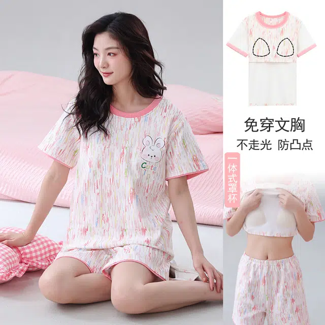 芬腾可安 可外穿的带胸垫一体式慵懒休闲少女时尚亲肤百搭舒适柔软细腻无束缚短袖短裤家居服睡衣套装 女款