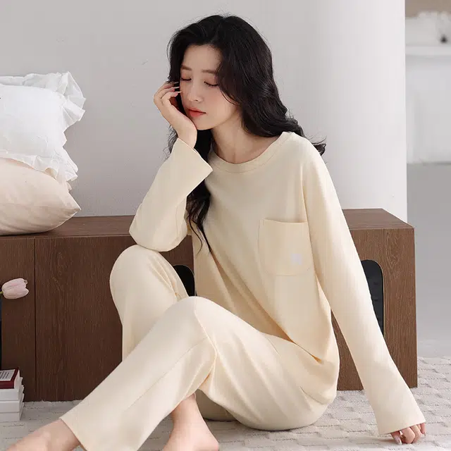 芬腾可安 春秋纯棉宽松显瘦简约透气遮肉外出可穿家居服睡衣套装 女款