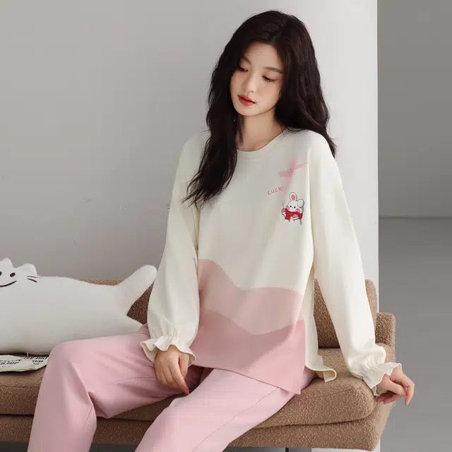 芬腾可安 春秋情侣款纯棉少女感带胸垫防凸点家居服外出可穿睡衣套装 女款