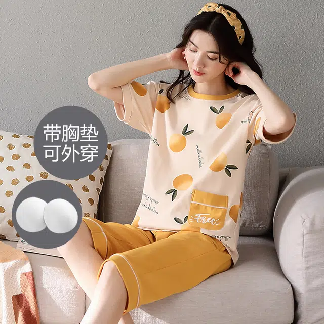 芬腾可安 薄款带胸垫防凸点休闲短袖七分裤家居服可外穿睡衣套装 女款 芥末黄