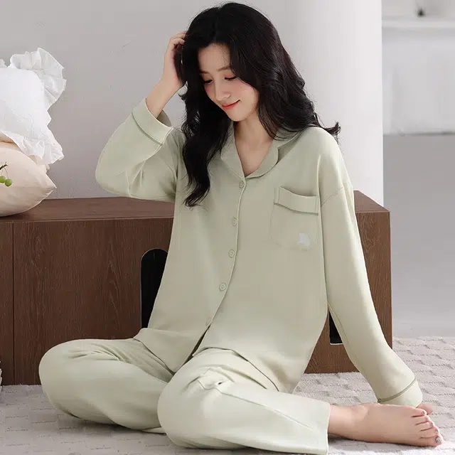 芬腾可安 春秋纯棉宽松舒适经典简约遮肉显瘦开衫外出可穿家居服睡衣套装 女款