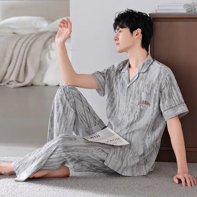 芬腾可安 经典可外穿透气时尚简约舒适短袖亲肤细腻家居服睡衣套装 男款 灰色