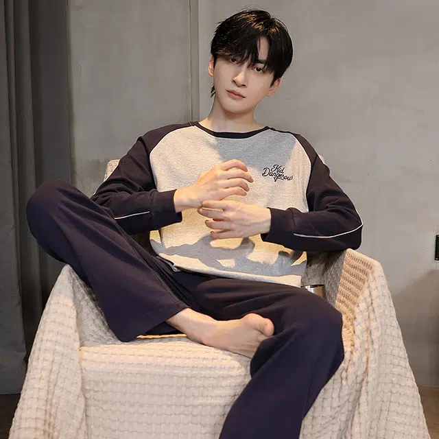 芬腾可安 纯棉秋冬保暖简约时尚遮肉少年感亲肤显瘦家居服外出可穿睡衣套装 男款