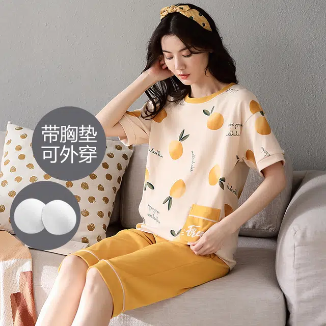 芬腾可安 薄款带胸垫防凸点休闲短袖七分裤家居服可外穿睡衣套装 女款 芥末黄