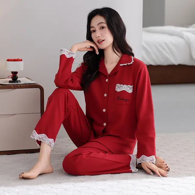 芬腾可安 纯棉喜庆休闲少女设计感春秋外出可穿家居服睡衣套装 女款