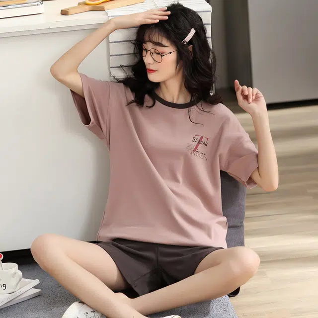 芬腾可安 春夏季韩版舒适个性柔软亲肤细腻轻盈透气宽松显瘦休闲简约短袖短裤家居服可外穿睡衣套装 女款