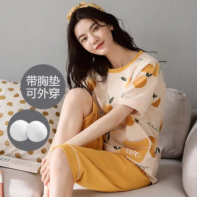 芬腾可安 薄款带胸垫防凸点休闲短袖七分裤家居服可外穿睡衣套装 女款 芥末黄