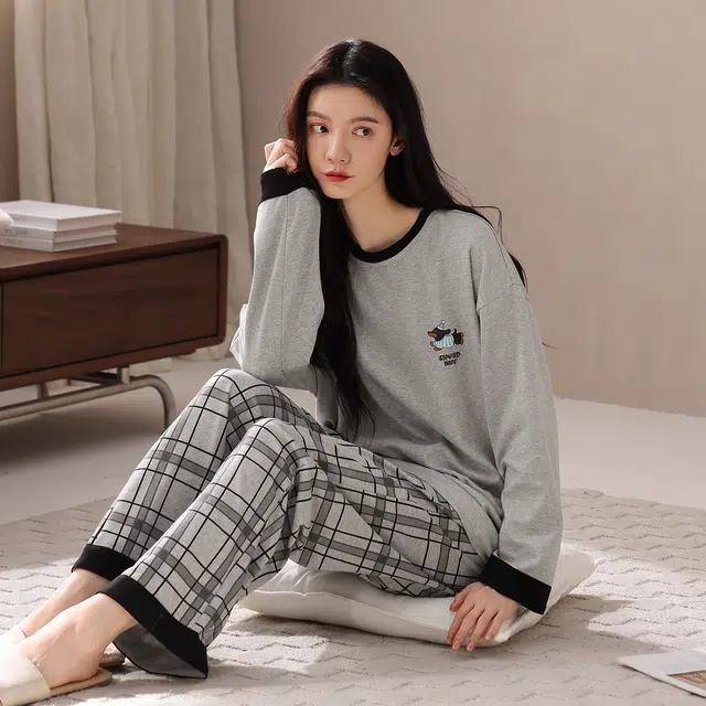 芬腾可安 春秋柔软带杯垫设计少女感慵懒宽松显瘦百搭亲肤家居服睡衣套装 女款