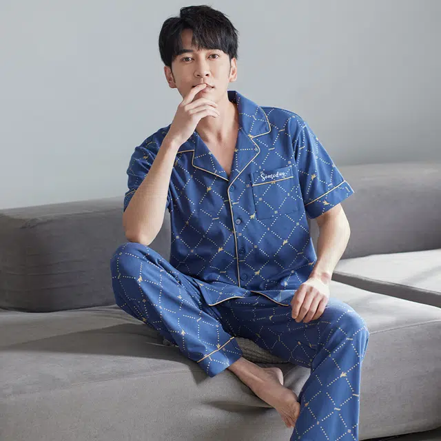 芬腾可安 可外穿的纯棉时尚休闲云感轻熟风舒适气质开衫简约宿舍可穿家居服短袖长裤春夏季睡衣套装 男款