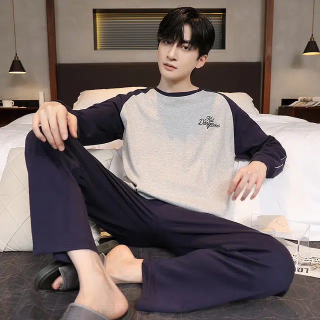 芬腾可安 纯棉秋冬保暖简约时尚遮肉少年感亲肤显瘦家居服外出可穿睡衣套装 男款