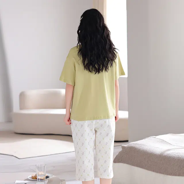 芬腾可安 薄款韩版亲肤柔软休闲简约清新时尚可外穿家居服睡衣套装 女款 黄绿色