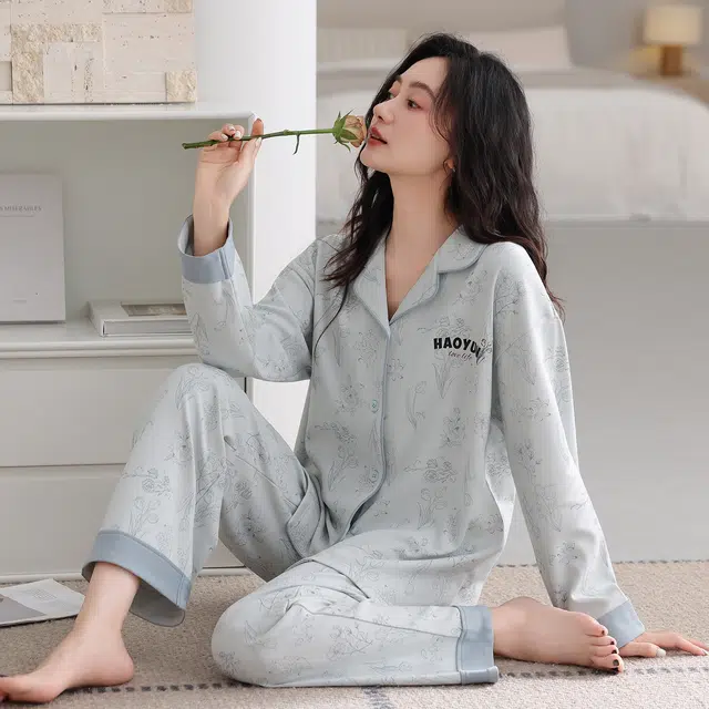 芬腾可安 春秋设计感柔软亲肤翻领纯棉优雅开衫简约时尚家居服睡衣套装 女款