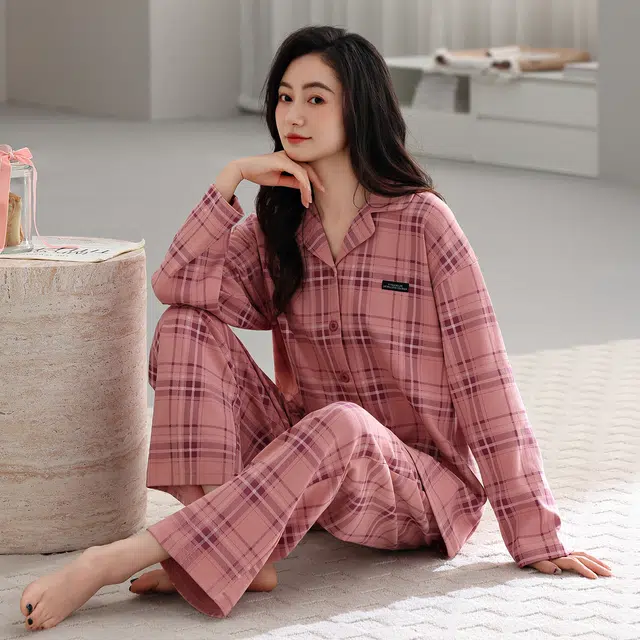 芬腾可安 春秋纯棉优雅翻领设计感柔软亲肤开衫简约时尚家居服睡衣套装 女款