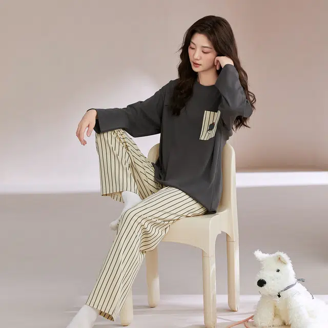 芬腾可安 情侣款春秋柔软宽松亲肤简约显瘦遮肉少女感气质家居服睡衣套装 女款