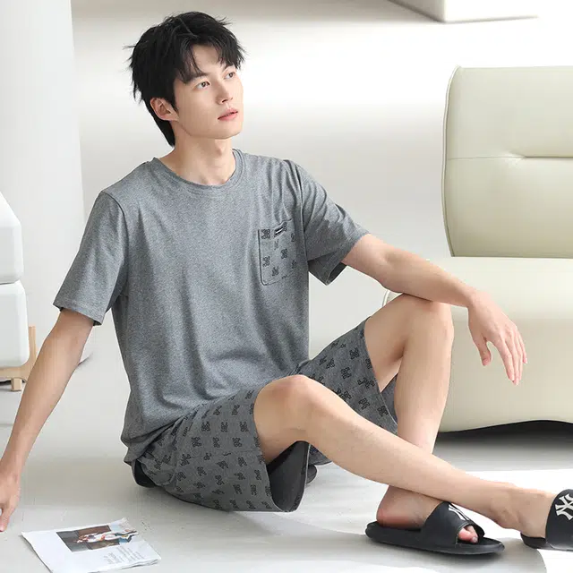 芬腾可安 休闲经典时尚简约微弹透气轻柔舒适亲肤圆领家居服睡衣套装 男款 灰色