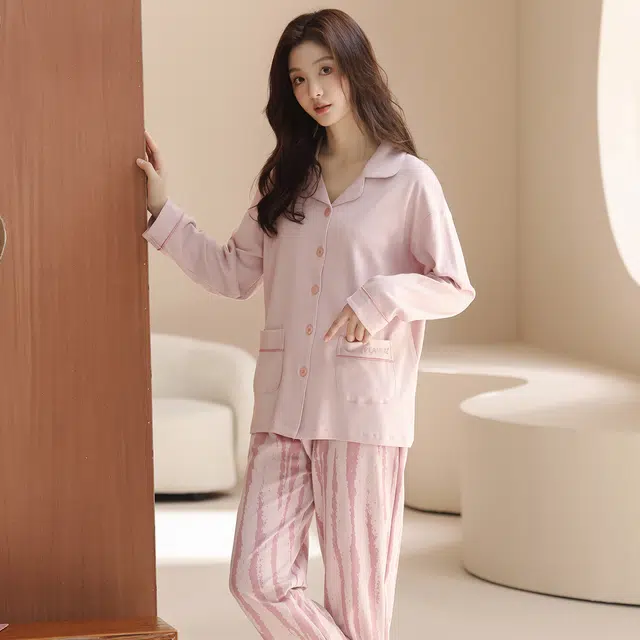 芬腾可安 外出可穿春秋设计感简约纯棉亲肤开衫宽松柔软长袖家居服睡衣套装 女款