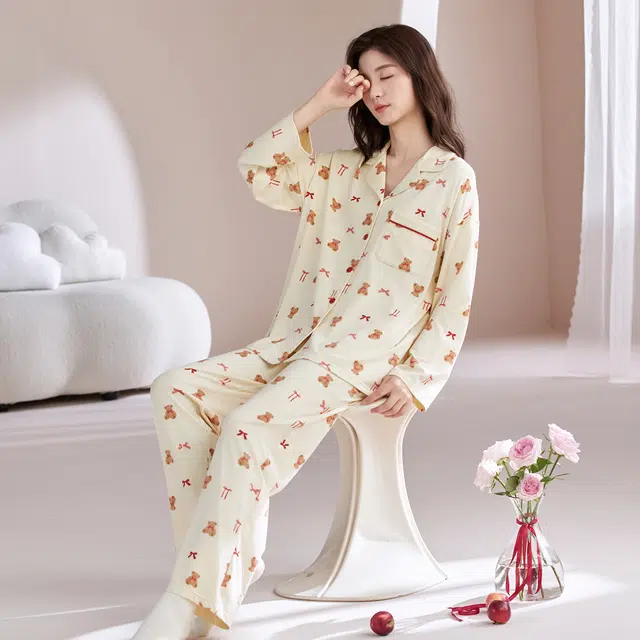 芬腾可安 春秋纯棉优雅气质简约时尚亲肤设计感柔软开衫家居服睡衣套装 女款