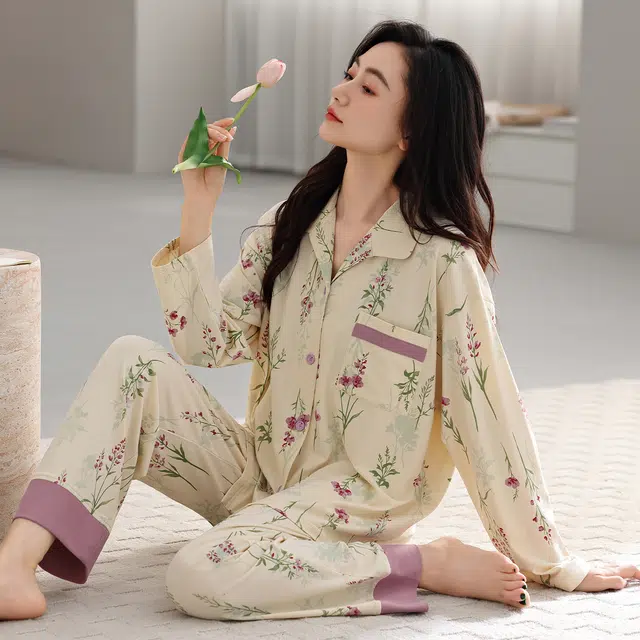芬腾可安 春秋设计感柔软纯棉优雅简约时尚亲肤家居服睡衣套装 女款