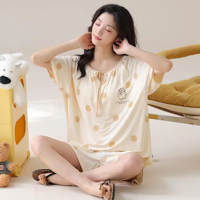 芬腾可安 春夏季精致休闲小清新带胸垫一体式设计感透气显瘦宽松亲肤柔软外出都可穿的家居服睡衣套装 女款