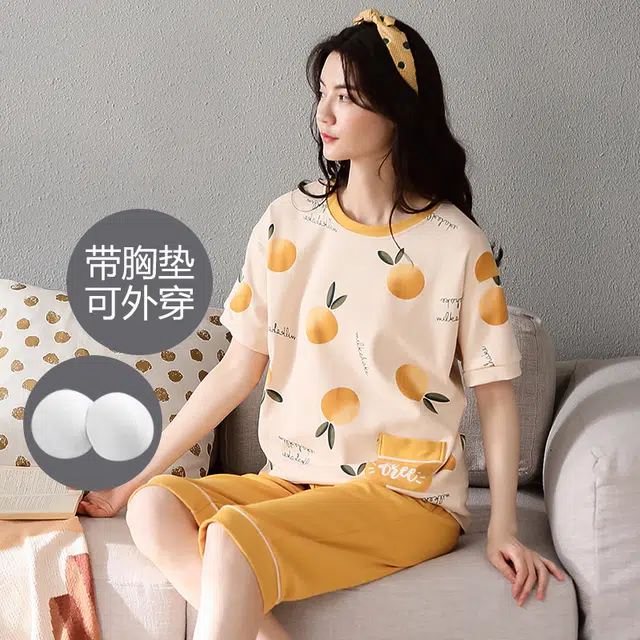 芬腾可安 薄款带胸垫防凸点休闲短袖七分裤家居服可外穿睡衣套装 女款 芥末黄