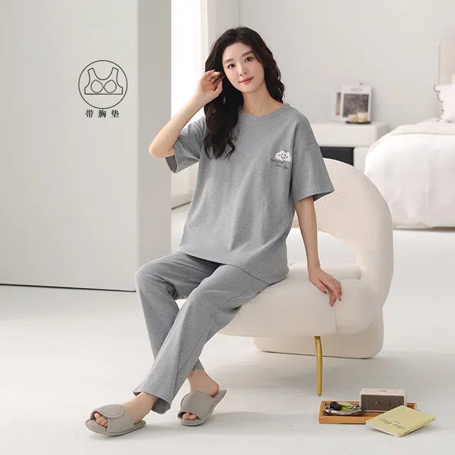 芬腾可安 韩版时尚休闲亲肤简约带胸垫短袖长裤家居服可外穿睡衣套装 女款 灰色