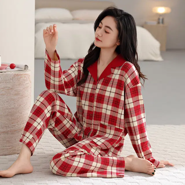 芬腾可安 春秋设计感柔软亲肤纯棉优雅翻领开衫简约时尚家居服睡衣套装 女款