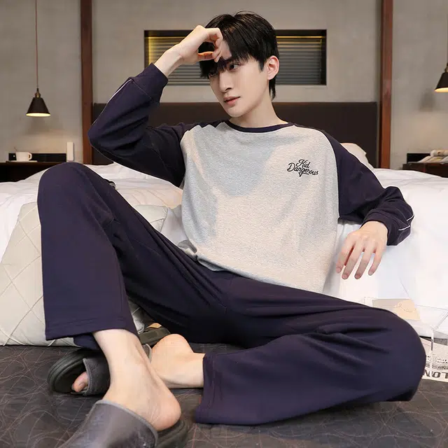 芬腾可安 纯棉秋冬保暖简约时尚遮肉少年感亲肤显瘦家居服外出可穿睡衣套装 男款