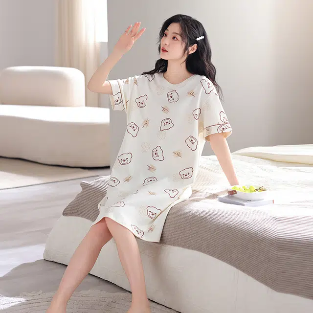 芬腾可安 韩版舒适时尚亲肤圆领细腻柔软居家短袖睡裙 女款 白色