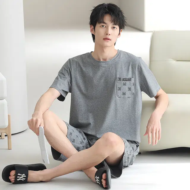 芬腾可安 休闲经典时尚简约微弹透气轻柔舒适亲肤圆领家居服睡衣套装 男款 灰色