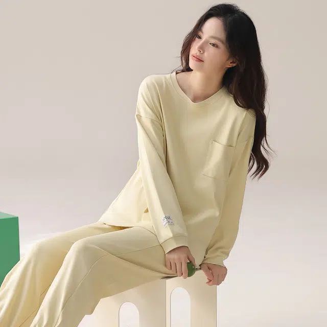 芬腾可安 简约休闲抗菌舒适少女感显瘦轻盈春秋遮肉家居服睡衣套装 女款