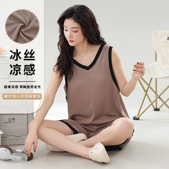 芬腾可安 外出可穿的带胸垫防凸点一体式简约轻盈亲肤柔软冰丝小清新时尚透气大学生无袖家居服春夏季睡衣套装 女款