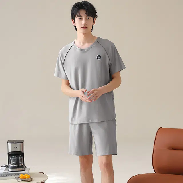 芬腾可安 休闲经典薄款时尚简约舒适亲肤圆领家居服睡衣套装 男款 灰色