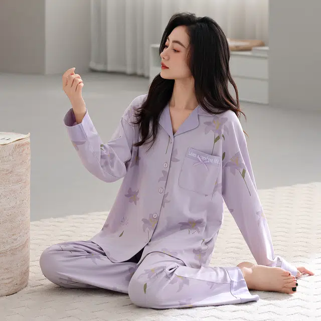 芬腾可安 春秋设计感柔软纯棉优雅简约时尚亲肤翻领家居服睡衣套装 女款