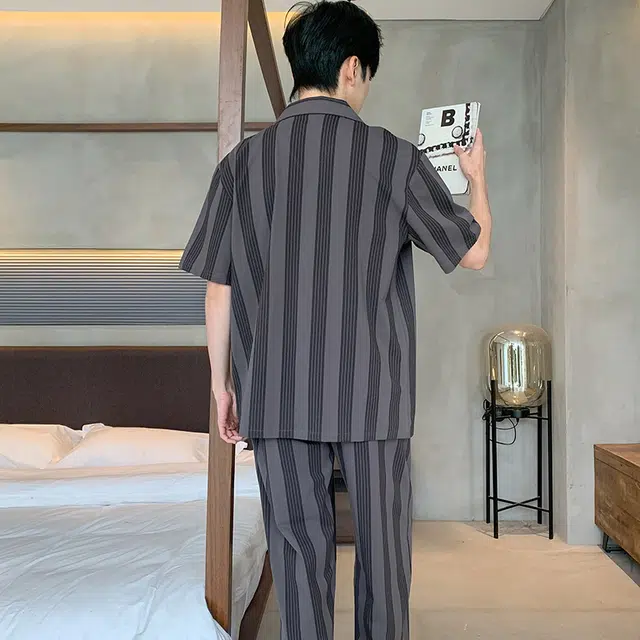 芬腾可安 透气短袖简约细腻亲肤柔软休闲舒适小众长裤家居服睡衣套装 男款 灰色