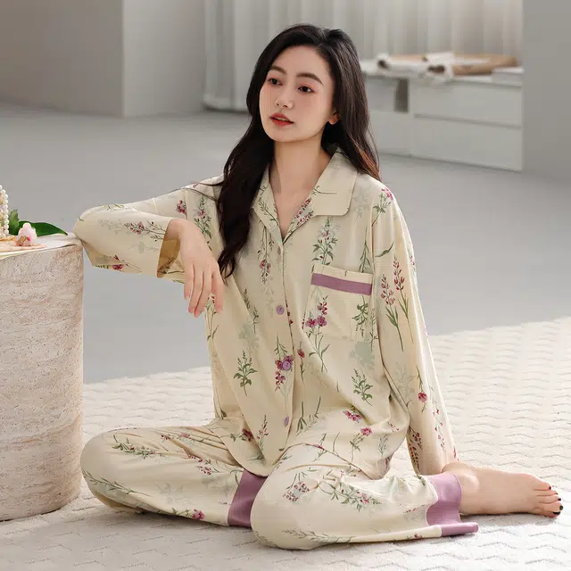 芬腾可安 春秋设计感柔软纯棉优雅简约时尚亲肤家居服睡衣套装 女款