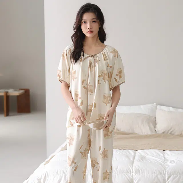 芬腾可安 宿舍可穿春夏季韩版气质细腻亲肤柔软甜美微弹透气舒适圆领显瘦大学生宿舍外出都可穿的家居服睡衣套装 女款