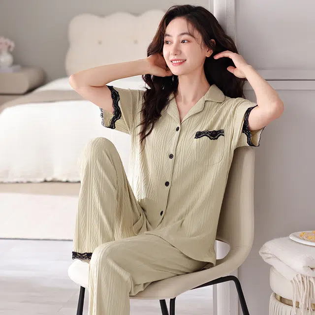 芬腾可安 遮肉开衫简约柔软亲肤时尚休闲翻领短袖长裤居家服睡衣套装 女款 抹茶色