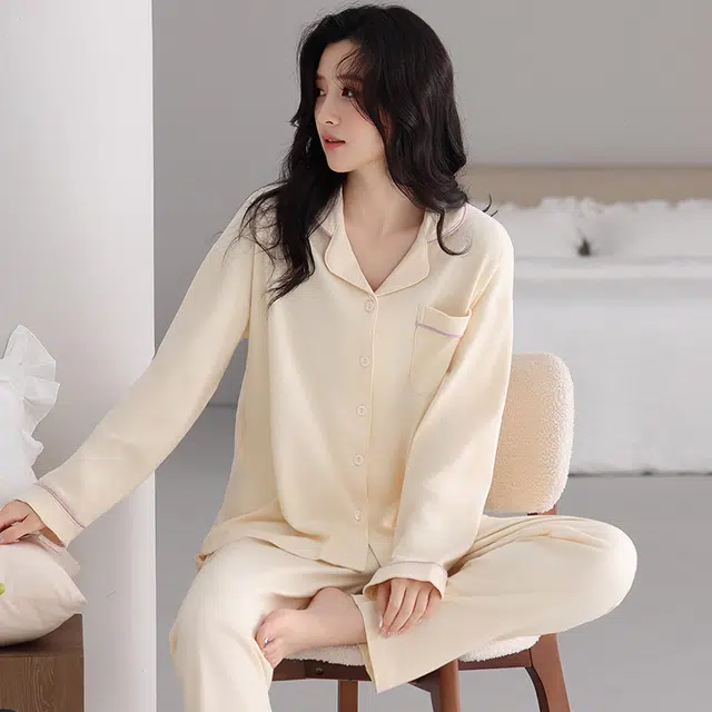 芬腾可安 春秋纯棉宽松舒适经典显瘦简约遮肉开衫外出可穿家居服睡衣套装 女款