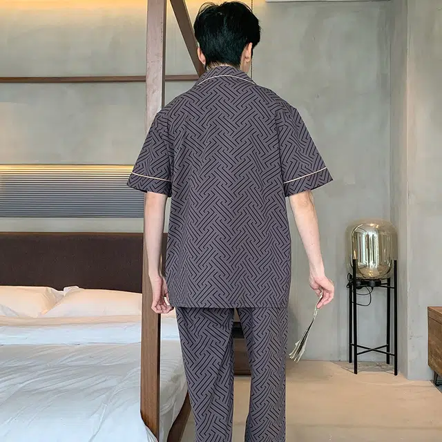 芬腾可安 透气短袖简约细腻亲肤柔软显瘦休闲舒适小众长裤家居服睡衣套装 男款 灰色